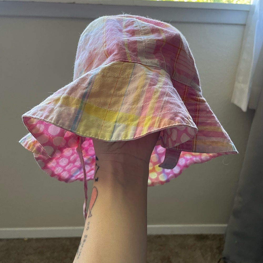 Pink and yellow Pottery barn kids sun hat with Velcro strap